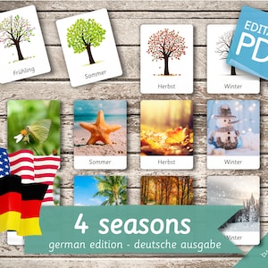 4 SEASONS GERMAN Edition • 36 German and 36 English Editable Montessori Cards • Flash Cards Pdf preschoolCards Spring Summer Autumn Winter
