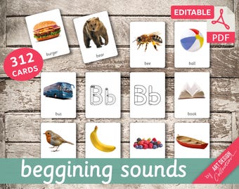 BEGGINIG SOUNDS • 312 Editable Montessori Cards • Flash Cards  Nomenclature FlashCards PDF Printable Cards Preschool Toys Flashcard Alphabet