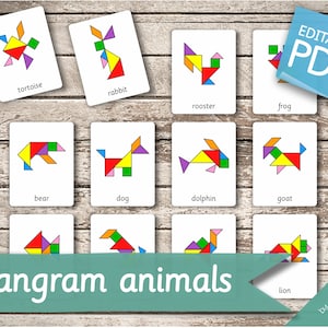 TANGRAM ANIMALS 120 Montessori Cards Flash Cards Nomenclature FlashCards Editable Pdf Printable Cards preschool image 3