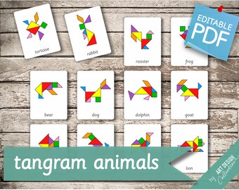 TANGRAM ANIMALS • 120 Montessori Cards • Flash Cards  Nomenclature FlashCards  Editable Pdf Printable Cards preschool