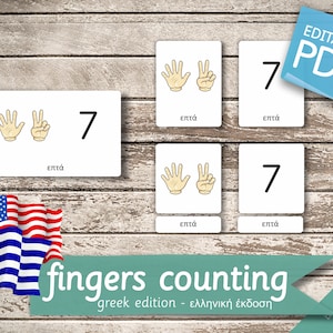 FINGERS COUNTING GREEK Edition • 39 Greek and 39 English Editable Montessori Cards • Flash Cards  Nomenclature Cards Pdf Printable preschool