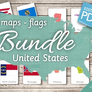 BUNDLE UNITED STATES (Flags - Maps) • 206 Editable Montessori Cards • Flash Cards  Nomenclature Cards Editable Pdf Printable Cards preschool
