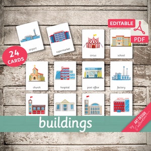 BÂTIMENTS • 24 cartes Montessori • Flash Cards Nomenclature FlashCards Pdf modifiables imprimables Cartes préscolaire