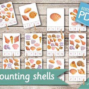 CONTARE LE CONCHIGLIE (da 1 a 20) • 20 carte Montessori modificabili • Flashcard Nomenclatura Flashcards prescolare Pdf Stampabili Clip Card Matematica