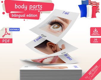 BODY PARTS (real pictures) BILINGUAL • 22 Editable Montessori Flash Cards Nomenclature Flashcards Pdf Printable Cards preschool flash card