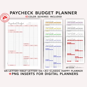 Op de afbeelding: Printbare budgetplanner met 10 verschillende kleurenschema's. De planner bevat secties voor inkomsten, rekeningen, uitgaven, besparingen en schulden. De planner is verkrijgbaar in de formaten US Letter, Half Letter, A4, A5 en Classic Happy Planner. PNG-inlays zijn ook inbegrepen voor digitale planners.