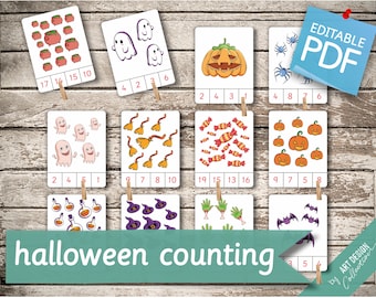 Puede incluir: Cartas de conteo de Halloween imprimibles con varias imágenes con temática de Halloween como fantasmas, calabazas, murciélagos, escobas de bruja, caramelos y arañas. Cada carta tiene un conjunto de números para contar las imágenes.
