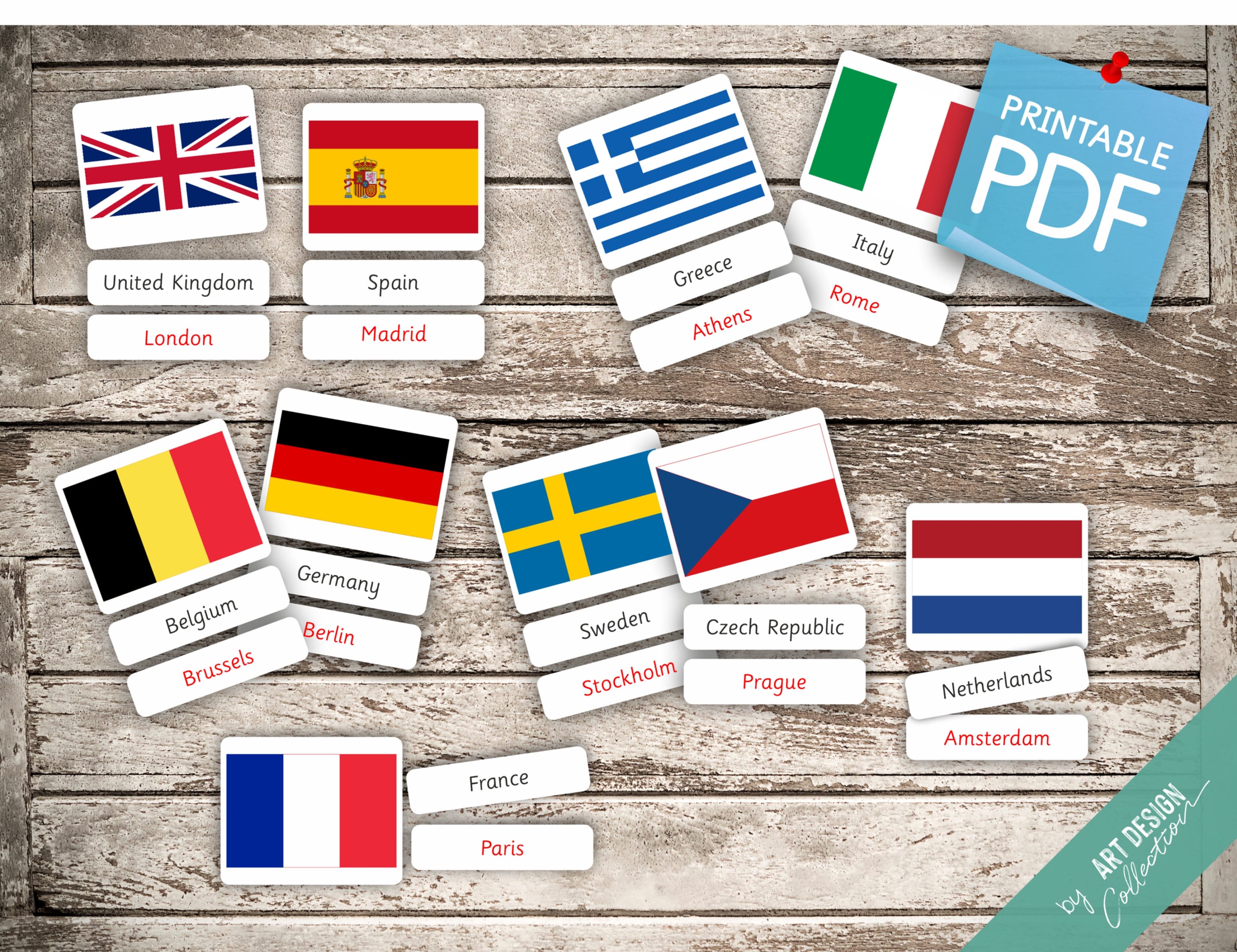 EUROPE FLAGS 57 Montessori Cards Flash Cards Nomenclature Etsy