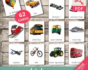 VEHICLES • 62 Montessori Cards • Flash Cards  Nomenclature FlashCards  Editable Pdf Printable Cards Transportation Car preschool