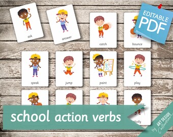 SCHOOL ACTION VERBS • 16 Editable Montessori Cards • Flash Cards  Nomenclature FlashCards  Editable Pdf Printable Cards preschool