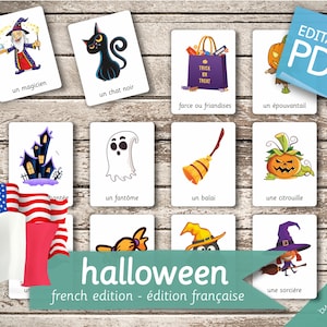 HALLOWEEN Vocabulary FRENCH Edition • 32 French and 32 English Editable Montessori Cards • Flash Cards Nomenclature PDF Printable Preschool