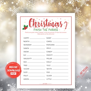 Jogo CHRISTMAS FINISH the PHRASE • Jogo de Natal Feriado Festa de Natal Jogos de festa de Natal Jogo de bingo de Natal Jogos para imprimir de Natal