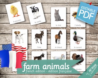 FARM ANIMALS FRENCH Edition • 22 French and 22 English Editable Montessori Cards • Flash Cards Nomenclature Cards preschool Pdf Printable