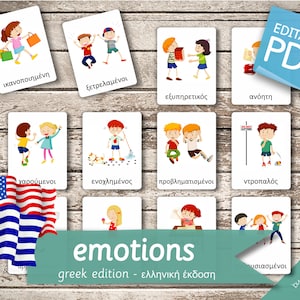 EMOTIONS GREEK Edition • 18 Greek and 18 English Editable Montessori Cards • Flash Cards  Nomenclature Cards preschool PDF Printable Cards
