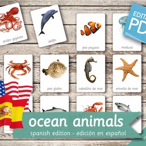OCEAN ANIMALS SPANISH Edition • 22 Spanish and 22 English Editable Montessori Cards • Flash Cards Nomenclature Cards preschool Pdf Printable