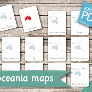 OCEANIA MAPS • 31 Editable Montessori Cards • Flash Cards  Nomenclature FlashCards  Editable Pdf Printable Cards preschool Toys