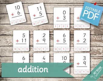 ADDITION Math • 169 Montessori Cards • Flash Cards Nomenclature FlashCards Editable Pdf Printable Cards preschool