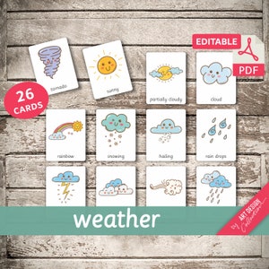 WEATHER • 26 Montessori Cards • Flash Cards  Nomenclature FlashCards  Editable Pdf Printable Cards preschool