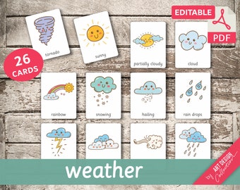 WEATHER • 26 Montessori Cards • Flash Cards  Nomenclature FlashCards  Editable Pdf Printable Cards preschool