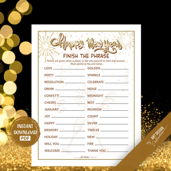 Happy New Year FINISH the PHRASE Game • Christmas Game Holiday Christmas Party Holiday Party games Xmas bingo game Christmas Printable Games