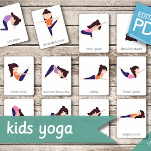 JOGA DLA DZIECI • 16 kart Montessori • Karty flash Nomenklatura Karty flash Edytowalne pliki PDF Karty do druku w formacie PDF karta pozycji jogi pozycje jogi przedszkole