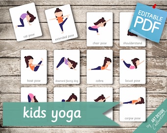 KIDS YOGA • 16 Montessori Cards • Flash Cards  Nomenclature FlashCards  Editable PDF Pdf Printable Cards yoga pose card yoga poses preschool