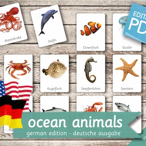 OCEAN ANIMALS GERMAN Edition • 22 German and 22 English Editable Montessori Cards • Flash Cards Nomenclature Cards preschool Pdf Printable