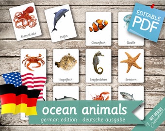 OCEAN ANIMALS GERMAN Edition • 22 German and 22 English Editable Montessori Cards • Flash Cards Nomenclature Cards preschool Pdf Printable