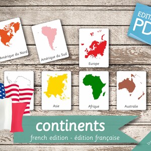 CONTINENTS of the WORLD French Edition • 8+8+8 French and English Editable Montessori Cards • Flash Cards Nomenclature preschool Printable