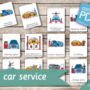 SERVICE DE VOITURE • 14 cartes Montessori • Cartes Flash Cartes Flash de nomenclature Pdf modifiables Cartes imprimables préscolaire