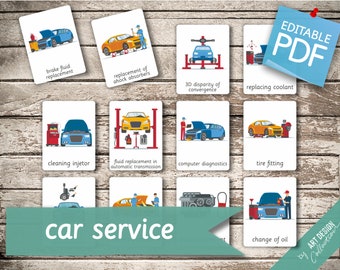AUTOSERVICE • 14 Montessorikaarten • Flashkaarten Nomenclatuur FlashCards Bewerkbare PDF Afdrukbare kaarten kleuterschool