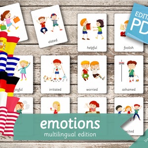 EMOTIONS MULTILINGUAL Edition • 18 English, French, German, Greek, and Spanish Editable Montessori Cards • Nomenclature Cards preschool Toys