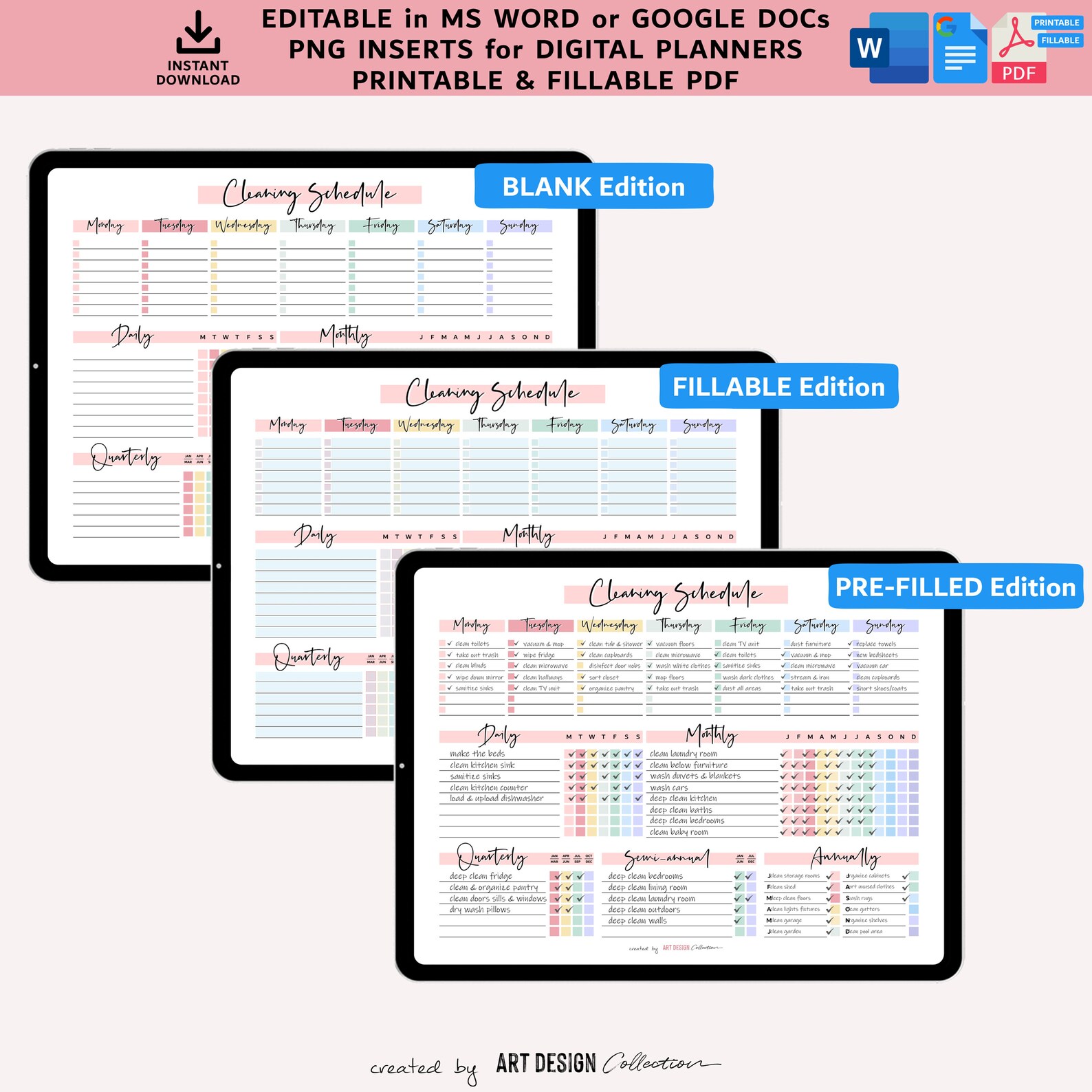 EDITABLE Cleaning Schedule Planner Word Google Docs Fillable Printable ...