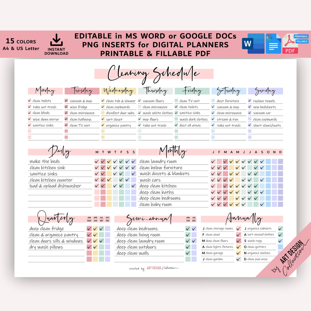 EDITABLE Cleaning Schedule Planner Word Google Docs Fillable Printable ...