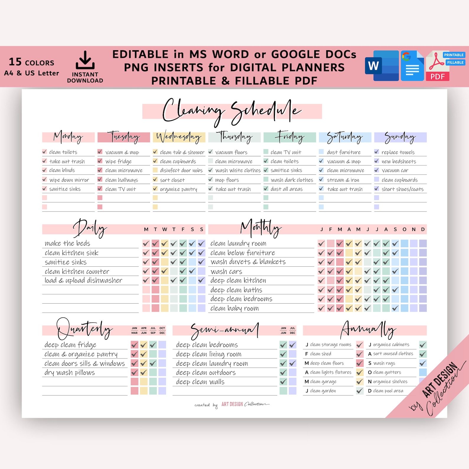 EDITABLE Cleaning Schedule Planner Word Google Docs Fillable Printable ...