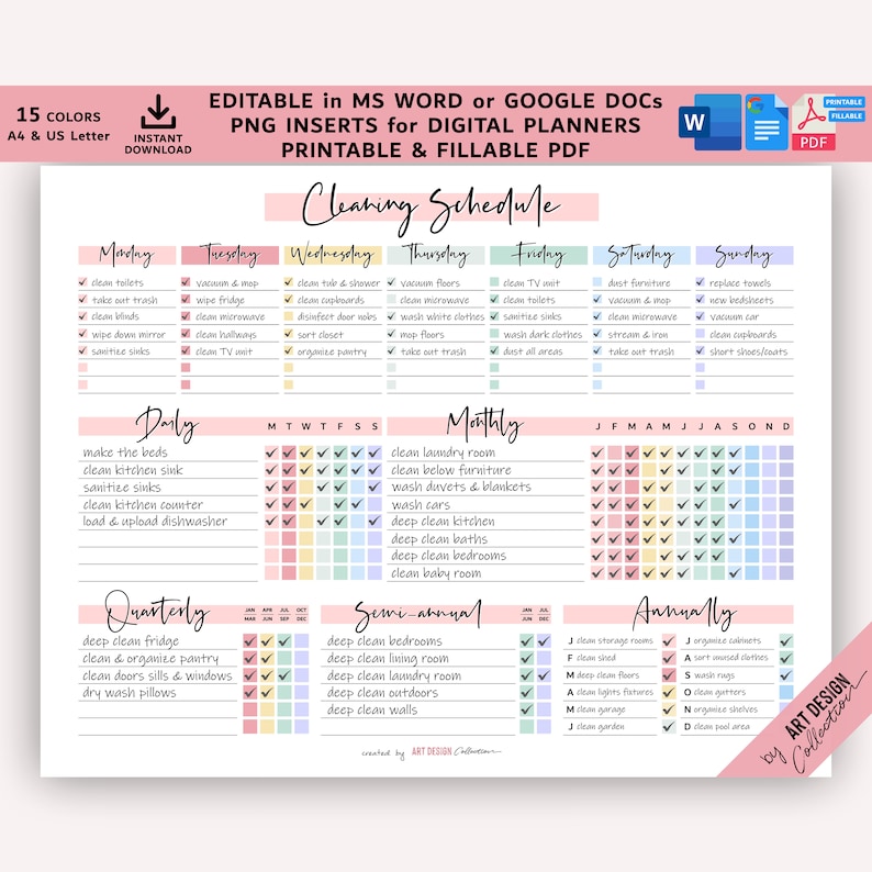EDITABLE Cleaning Schedule Planner Word Google Docs Fillable Printable ...