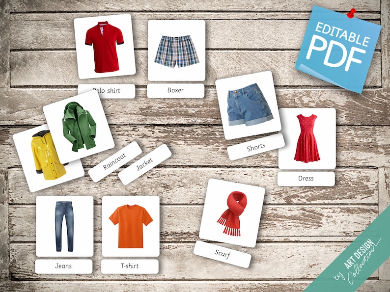 KLEDING echte foto's 40 bewerkbare Montessori-kaarten Flash-kaarten Nomenclatuur FlashCards Pdf afdrukbare kaarten Montessori-speelgoed kleuterschool afbeelding 4