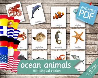 OCEAN ANIMALS MULTILINGUAL Edition • 22 English, French, German, Greek, and Spanish Editable Montessori Cards • Nomenclature Cards preschool