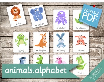 ANIMAL ALPHABET • 26 Montessori Cards • Flash Cards Nomenclature FlashCards Editable Pdf Printable Cards preschool