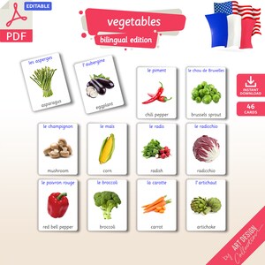 VEGETABLES real Pictures BILINGUAL 46 Editable Montessori Flash Cards ...