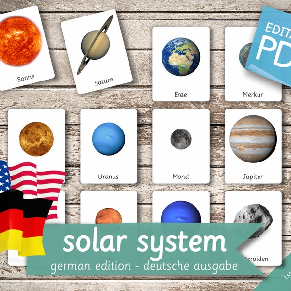 SONNENSYSTEM DEUTSCHE Ausgabe • 13 Deutsche und 13 Englische Editierbare Montessori Karten • Karteikarten Nomenklatur Karten Vorschule Pdf Printable