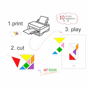 Cartões de números Tangram, jogo de aprendizagem Montessori, brinquedo de quebra-cabeça Tangram Imprimir Baixar Número Tangram Montessori Pdf para impressão Aprendizagem pré-escolar