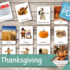 THANKSGIVING Vocabulary • 32 Editable Montessori Cards • Flash Cards Nomenclature FlashCards PDF Printable Cards Montessori Toys Preschool