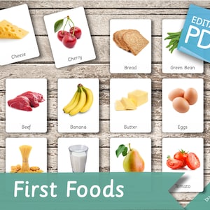 FIRST FOODS (real pictures) • 92 Editable Montessori Cards • Flash Cards Nomenclature FlashCards Pdf Printable Cards Montessori preschool