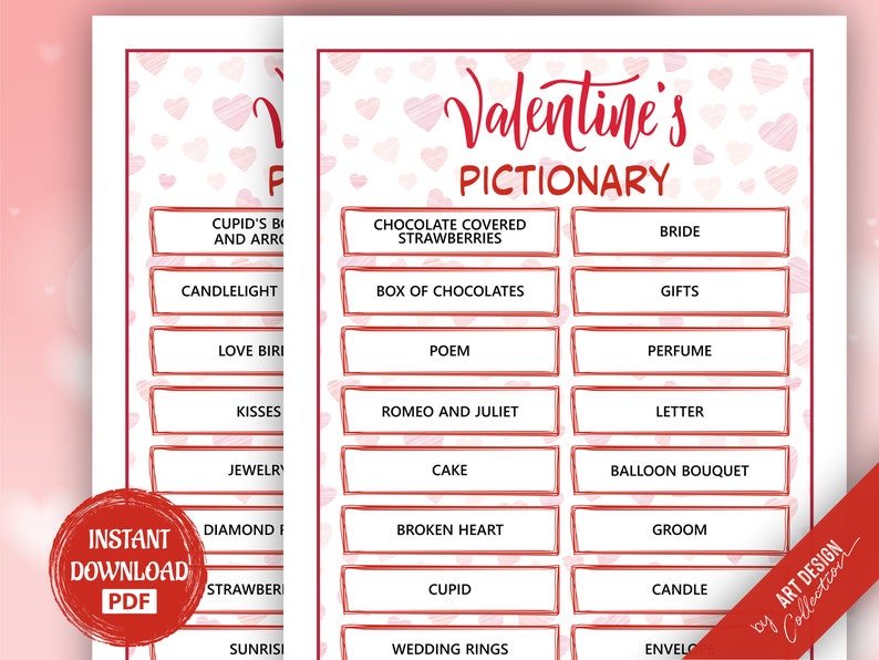 VALENTINE'S PICTIONARY Game • Love Game Holiday Christmas Party Holiday games Xmas bingo game Valentine Day Printable Games Charades Game