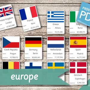 EUROPE FLAGS • 57 Montessori Cards • Flash Cards  Nomenclature FlashCards Pdf Printable Cards preschool
