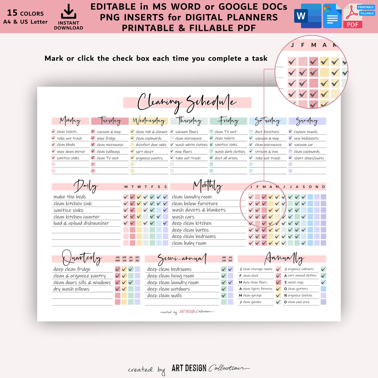 EDITABLE Cleaning Schedule Planner Word Google Docs Fillable Printable ...