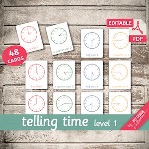 TELLING TIME (Level 1) • 48 bearbeitbare Montessori Karten • Zeit-Karteikarten Nomenklatur FlashCards Vorschul PDF Druckbare Uhrkarten Spielzeug