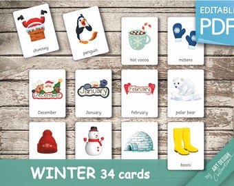WINTER • 34 Montessori-kaarten • Flash-kaarten Nomenclatuur FlashCards Bewerkbare PDF-afdrukbare kaarten Montessori-speelgoed voorschoolse drukke boeken Seizoenen