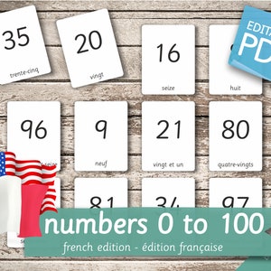 NUMMERS 0 tot 100 FRANSE editie • 101 Franse en 101 Engelse bewerkbare montessorikaarten • Flash-kaarten Nomenclatuur Pdf Afdrukbare kleuterschool